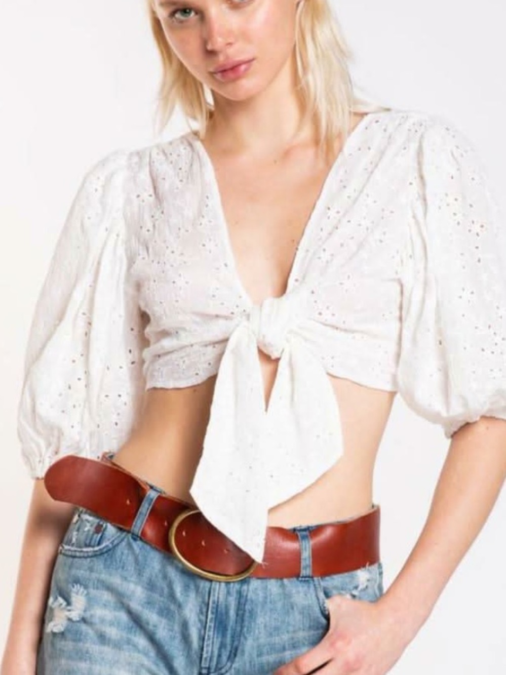 Eyelet Tie-Front Crop Top - White
